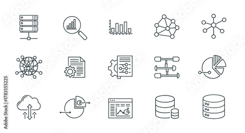 Big Data Analysis Thin Line Icon Set: A comprehensive collection of outline pictograms representing data processing, digital analytics, and website/mobile app GUI elements, perfect for UI/UX design
