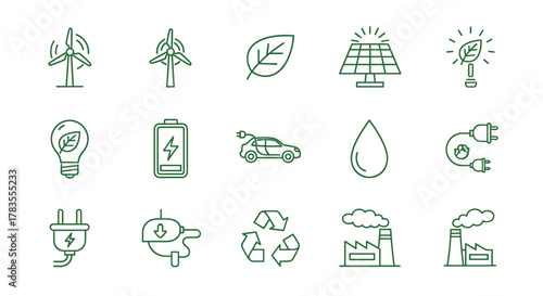 Set of simple line icons representing green energy and renewable resources, including wind turbines, solar panels, electric car, leaf, lightbulb, battery, water drop, recycling symbol, factory, and