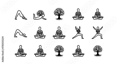 Collection of stylized yoga and meditation icons, featuring figures in various poses like Downward-Facing Dog and Warrior II, integrated with abstract tree designs symbolizing growth and connection