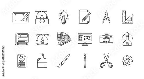 A comprehensive set of 15 editable stroke line icons representing graphic design and creative tools, including a drawing tablet, vector shapes, lightbulb, document with pencil, compass, ruler, color