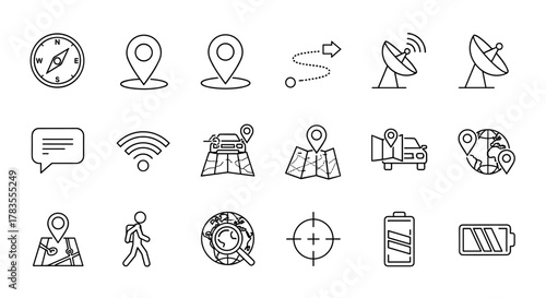 Collection of thin line web icons representing navigation and location elements, including a compass, GPS pins, route path, satellite dishes, chat bubble, Wi-Fi signal, car on map, folded map
