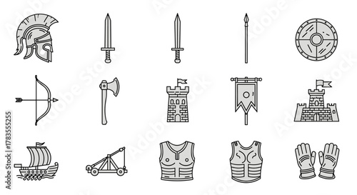 Collection of archaic war-related vector line icons, featuring a helmet, swords, axe, shield, spear, bow and arrow, warship, catapult, armor, and castles, perfect for historical or gaming themes