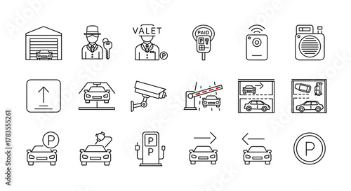 Comprehensive parking line icon set featuring garage, valet service with key, paid parking meter, security camera, car lift, remote control, parking meter, electric vehicle charging station, and