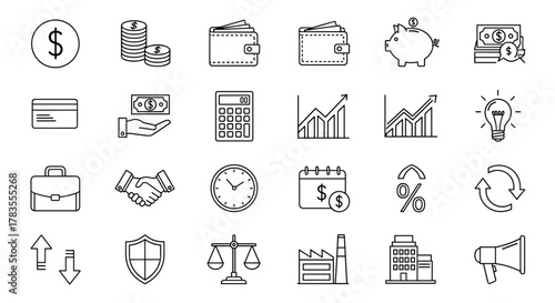 A comprehensive set of clean, editable stroke line icons representing various financial and business concepts, including income, salary, money, investments, and business operations, presented as a