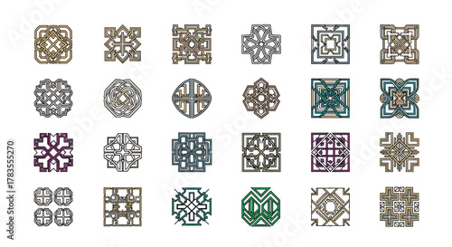 Collection of 27 abstract luxury geometric patterns, presented as vector cartoon illustrations on a clean white background, featuring intricate line art and a sophisticated, ordered design aesthetic