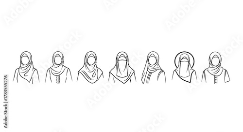 Set of seven minimalist line art illustrations depicting various styles of Muslimah hijab and niqab fashion, presented on a clean white background, ideal for cultural or fashion-related designs.