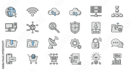 Collection of Net-Related Line Icons: A comprehensive set of outline signs for graphic and web design, apps, adverts, and various cards, featuring a vivid cartoon illustration with a white