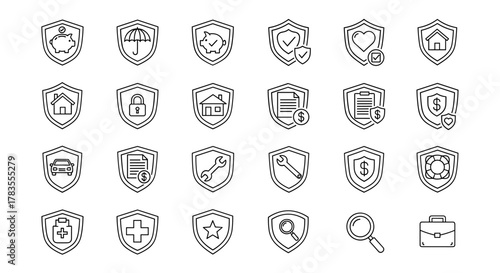 Collection of outline icons representing defense, insurance, and protection, featuring shields with diverse symbols like piggy banks, umbrellas, houses, locks, cars, documents, wrenches, hearts