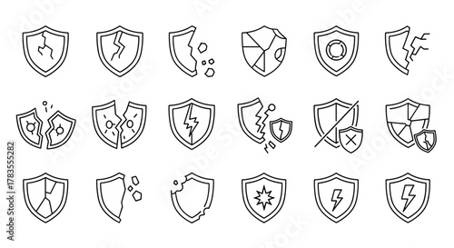 Collection of Broken Shield Related Line Icons: A comprehensive set of outline signs perfect for graphic and web design, apps, adverts, and various cards, featuring a diverse range of damaged shield