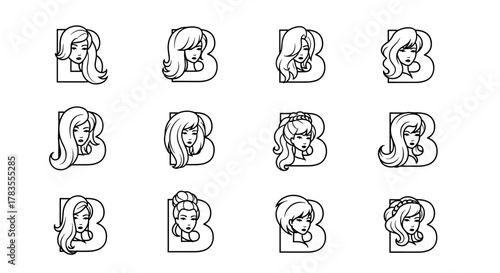 Set of 12 stylized letter B monograms, each featuring a unique silhouette of a woman's face with diverse hairstyles, presented in a clean, modern line art style on a white background, perfect for