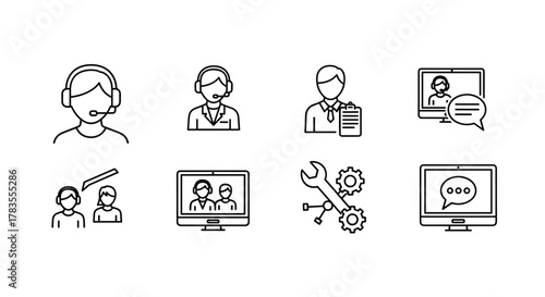 Set of online support and assistance icons, featuring customer service agents, technical solutions, and client symbols. This vector illustration collection includes outline graphics of people with