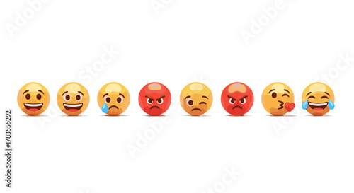 A vibrant and diverse collection of 3D emoji characters, meticulously arranged in a linear sequence against a clean white background, showcasing a spectrum of emotions from joy and laughter to