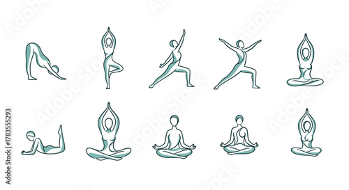 Abstract linear yoga person logo design, vector cartoon illustration set on a white background, featuring various poses like downward-facing dog, tree pose, warrior poses, and seated meditation