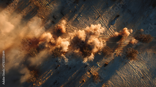 Aerial view of an explosion creating a dust cloud over a barren, war-torn landscape with visible shadows