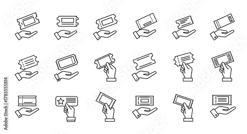 Collection of minimalistic outline icons depicting hands offering or holding tickets for cinema, theatre, or events, suitable for web, graphic design, apps, banners, social networks, and cards