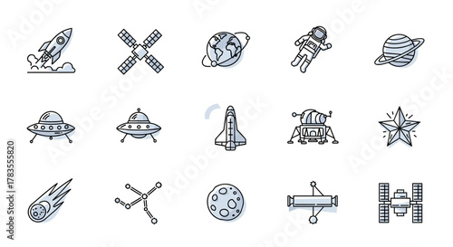 Collection of stylized line art icons representing various space exploration and celestial objects, including rockets, satellites, planets, astronauts, UFOs, comets, constellations, and lunar