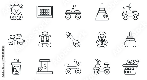 Set of outline icons related to children's toys, including teddy bears, toy cars, stacking rings, a laptop, a money box, and a basket of leaves, presented as a linear icon collection with editable