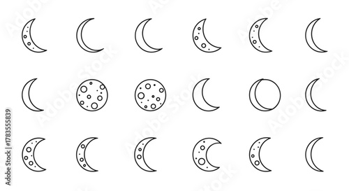 Collection of thin line icons representing the phases of the moon, including crescent, gibbous, and full moon with craters, suitable for web, books, cards, and apps, presented as a vector cartoon
