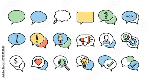 Vivid collection of outline speech bubble icons representing communication, ideas, and business concepts, including question marks, exclamation points, microphones, megaphones, gears, dollar signs