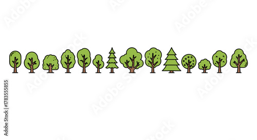 A vibrant and diverse collection of cartoon trees, featuring deciduous and coniferous varieties, presented in a clean, editable stroke style on a white background, perfect for graphic design, book