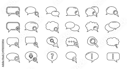 Collection of simple outline speech bubble icons representing communication, dialogue, search, and various messages, perfect for infographics, articles, books, flyers, and banners, with editable