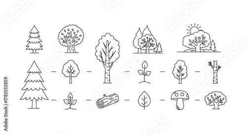 Collection of stylized line art icons representing various trees, saplings, a mushroom, and a log, set against a clean white background. This ordered set is perfect for web, books, cards, and app