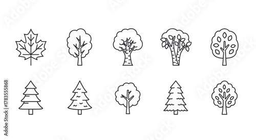 Collection of stylized line art icons representing various types of trees, including deciduous and coniferous species, perfect for modern design projects, websites, applications, and card creation