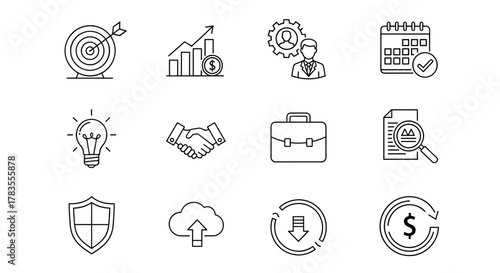 Business strategy line icon set featuring goal achievement, financial strategy, management, and planning. This collection of outline vector icons in a linear style represents key business concepts