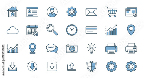 A comprehensive collection of modern, flat design line icons representing various web and graphic design elements, including a house, user profile, calendar, magnifying glass, clock, credit card