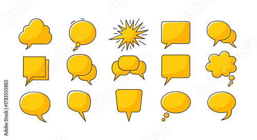Collection of yellow speech bubbles and thought bubbles in various shapes and styles, including cloud, square, oval, and starburst, presented on a clean white background, perfect for graphic design
