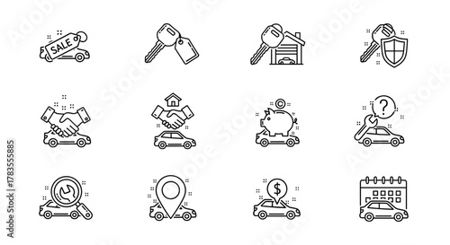 Car Sales Line Icons Set: A collection of simple, editable stroke outline vector symbols representing car keys, insurance, garage, vehicle sale, handshake, piggy bank, location pin, repair, and