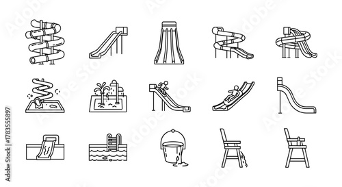 Collection of thin line icons representing various water slides and aquatic attractions, perfect for web, books, cards, and apps, presented as a vector cartoon illustration on a white background with