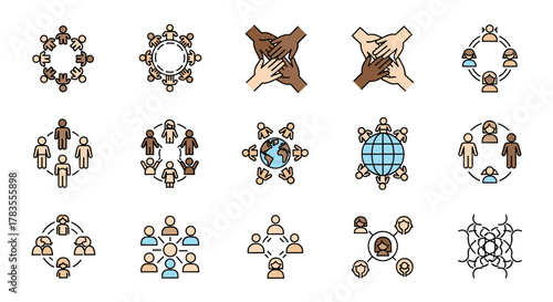 Collection of diverse line-style icons symbolizing unity, friendship, community, and social connection, featuring people of various skin tones and genders interacting in groups and around the globe