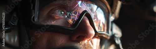Intense close-up of a military drone operator's eyes with the live surveillance feed reflected in their tactical goggles