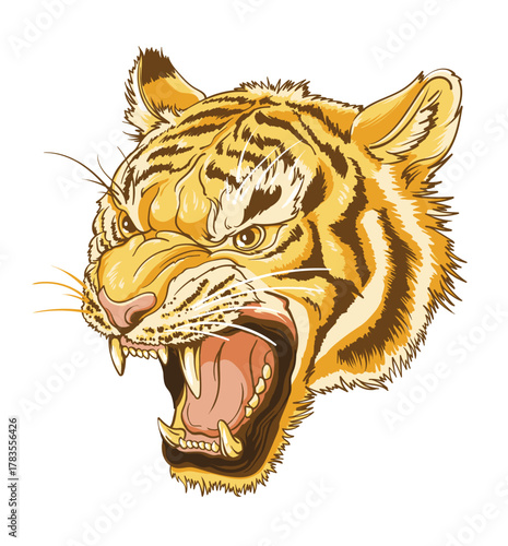 A fierce roaring tiger head illustration with bold lines and vivid detail