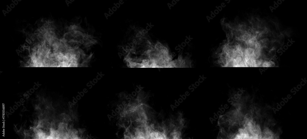 Fototapeta premium set white smoke steam spray, and abstract vapor water isolated on a black background. concept of texture cold mist or hot vapor, fog effect, and cloud for design air pollution, element smog