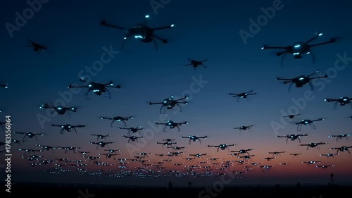 Drone swarm aerial display at sunset creating a futuristic and technological spectacle