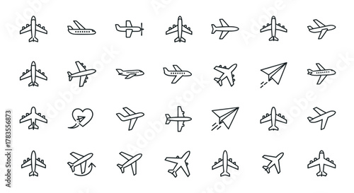 Collection of outline airplane and paper airplane icons, representing travel, aviation, and flight, suitable for graphic design, web applications, advertising, and various creative projects on a