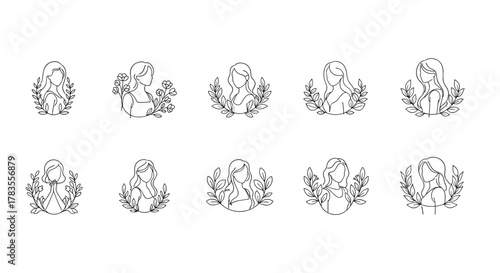 Set of 10 minimalist line art illustrations of women's faces framed by delicate floral and leaf wreaths, perfect for branding, logos, and feminine designs, presented on a clean white background for