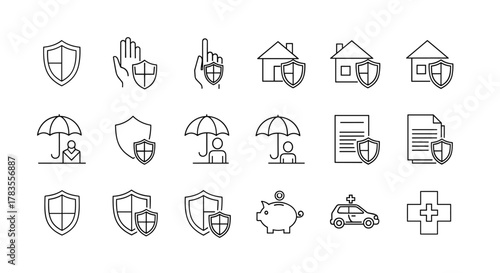 Collection of minimalistic linear outline icons representing shield, defense, and insurance concepts for web and graphic design, apps, banners, and social networks. Includes symbols for protection