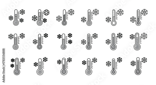A collection of minimalistic, thin outline icons featuring thermometers with snowflakes, representing cold temperatures and winter weather. These versatile vector cartoon illustrations are perfect