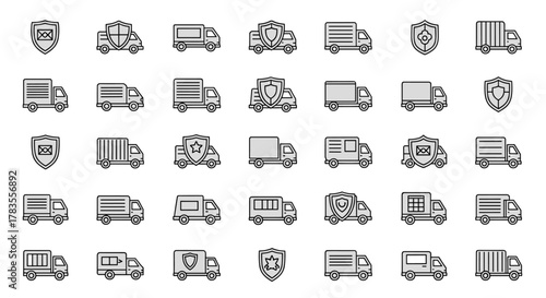 Set of minimalistic linear pictograms representing various types of vans and trucks, some with shield icons indicating security and protection, ideal for web, graphic design, apps, banners, social