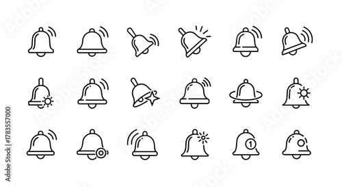 Collection of simple, isolated line icons representing bells, suitable for web, apps, and notifications, featuring editable strokes and various styles including ringing, alert, and sun symbols for a