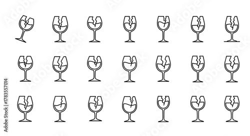 Set of minimalistic linear icons depicting a broken wine glass, presented in a clean, modern, and vector cartoon style, perfect for web, graphic design, apps, banners, social networks, and cards
