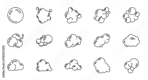 Collection of outline icons representing bubbles and foam, perfect for graphic and web design, apps, adverts, and various cards. This vector cartoon illustration features a clean white background