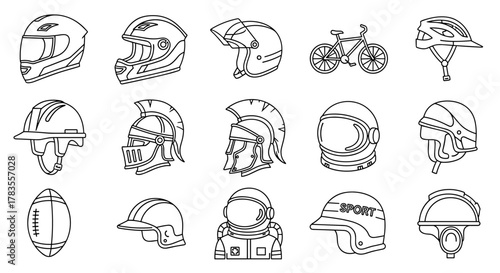 Collection of Diverse Helmet Line Icons: A Comprehensive Set of Outline Signs for Graphic and Web Design, Apps, Advertisements, and Various Cards, Featuring a Vector Cartoon Illustration on a White