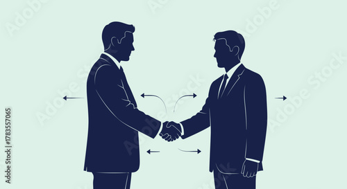 Two silhouetted figures in suits shake hands, with arrows indicating exchange and movement