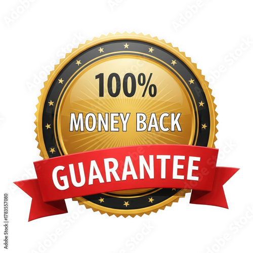 3d illustration of gold 100 percent money back guarantee badge isolated on transparent background with red ribbon for customer satisfaction