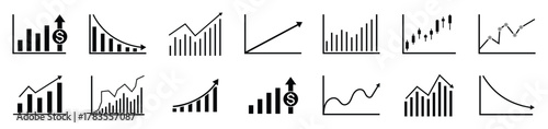 Growing bar graph icon set. Business graphs and charts icons. Business statistics and analytics, charts diagrams, money, down or up arrow. Vector 