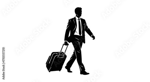 A silhouetted businessman in a suit walks with a rolling suitcase